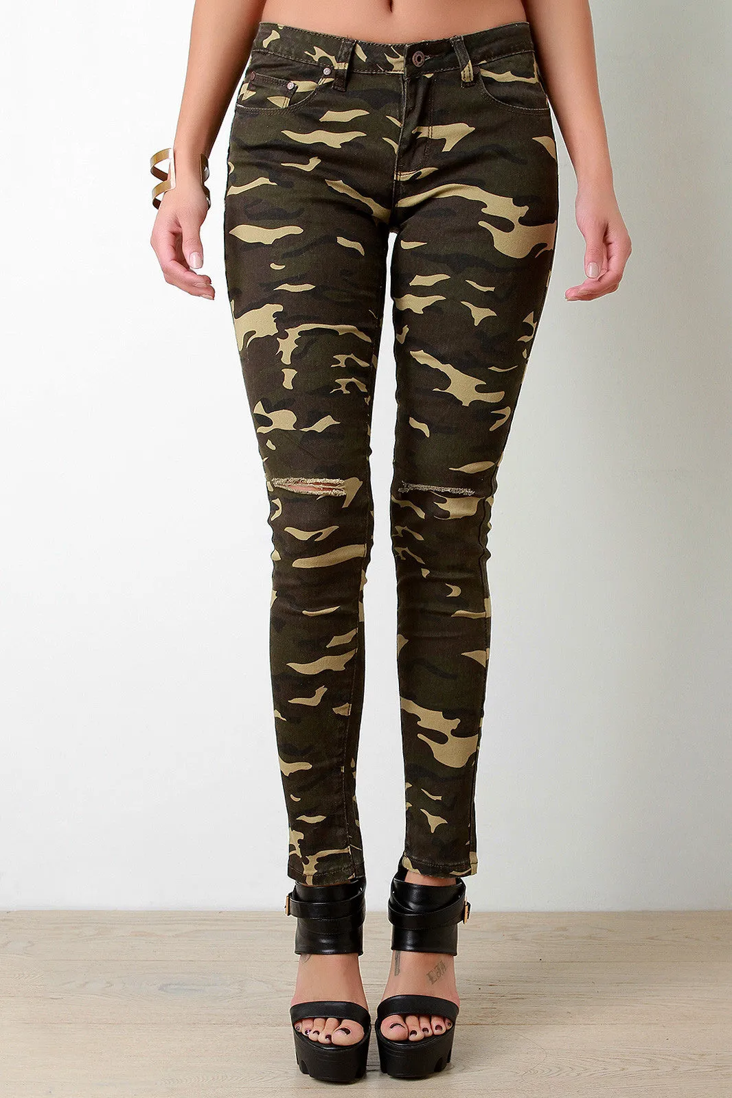 Razor Cut Knee Slit Camo Skinny Jeans