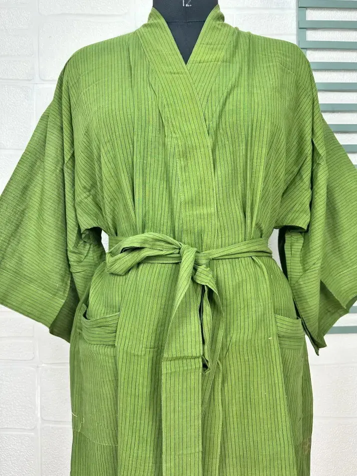 Recycled Pure Cotton Vintage Kimono Open Jacket Boho Summer TieDye House Robe, Beach Coverup | Green