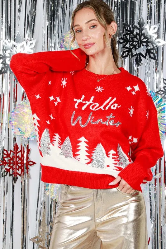 Red Hello Winter Tree Sequin Detail Sweater