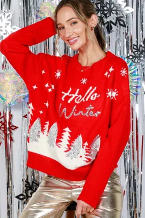 Red Hello Winter Tree Sequin Detail Sweater