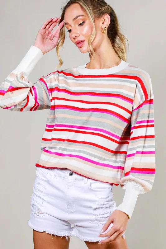 Red Multi Balloon Sleeve Multi Striped Sweater Top