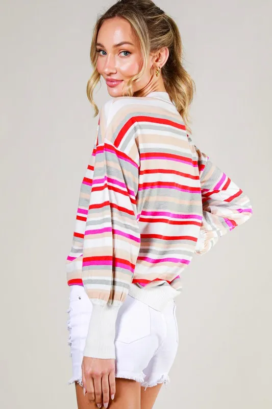 Red Multi Balloon Sleeve Multi Striped Sweater Top