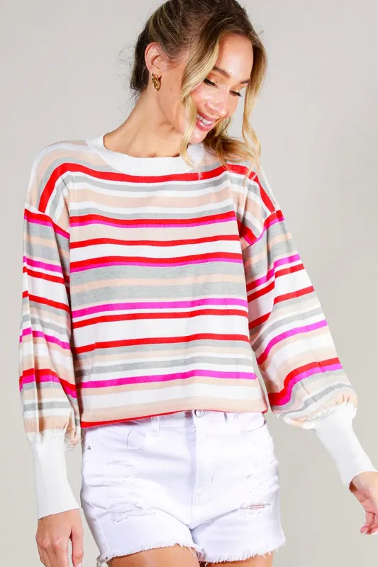 Red Multi Balloon Sleeve Multi Striped Sweater Top