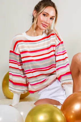 Red Multi Balloon Sleeve Multi Striped Sweater Top