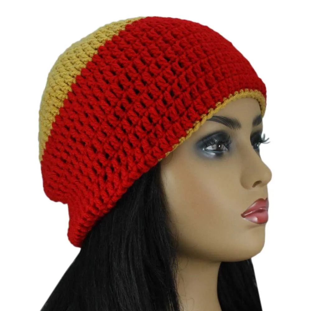 Red with Gold Top Crochet Beanie Hat Medium/Large - STXH22ML