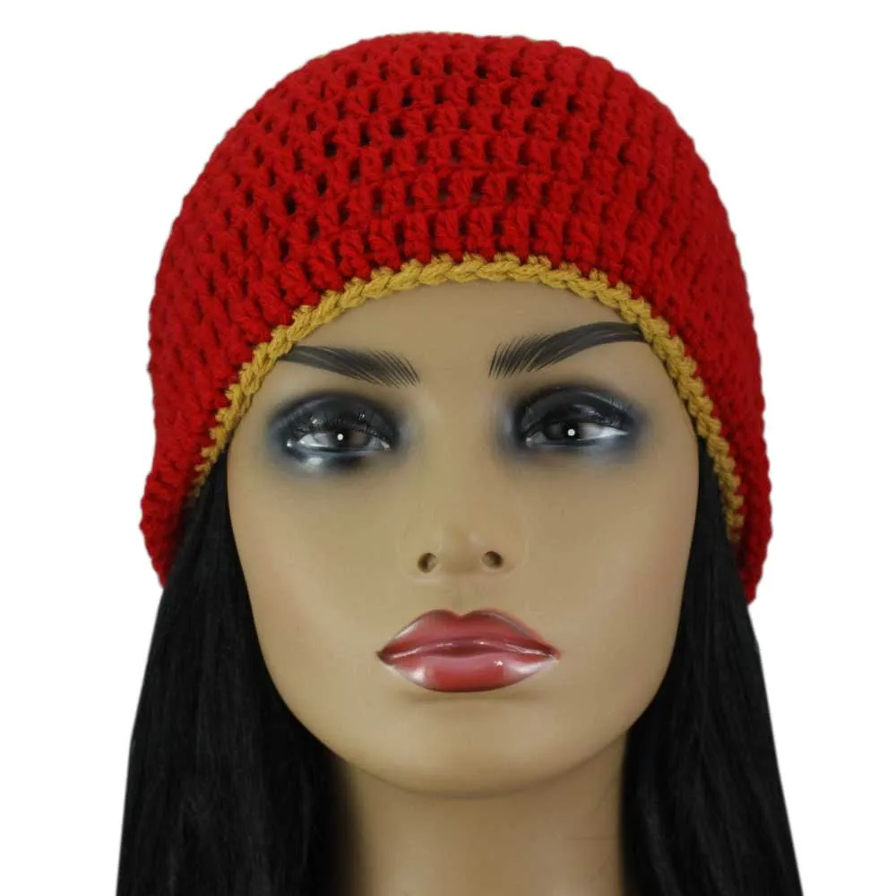 Red with Gold Top Crochet Beanie Hat Medium/Large - STXH22ML