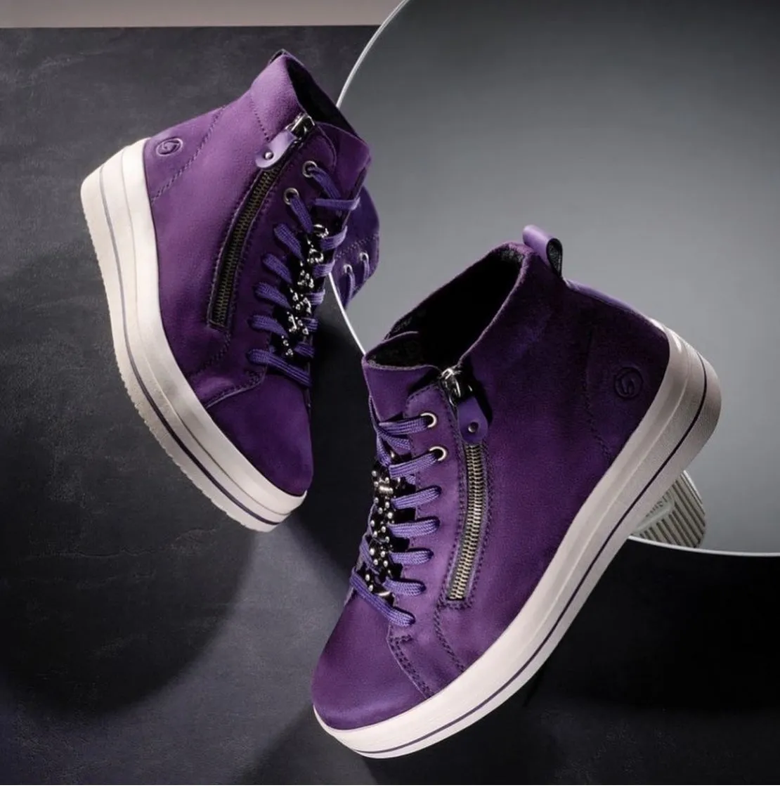 Remonte X Elizabeth Hurley D1C70-30 Aubergine Suede Leather Chunky Trainer Boots