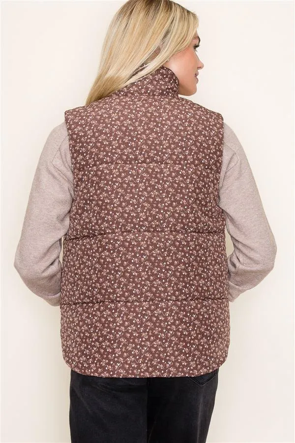 Rest in Florals Puffer Vest - Chocolate