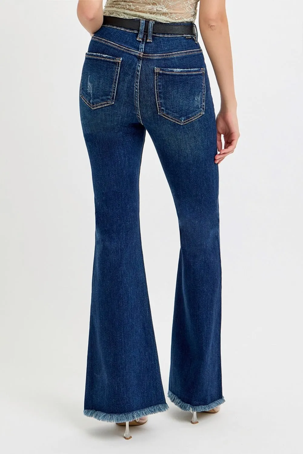 RISEN Tummy Control Frayed Hem Flare Jeans