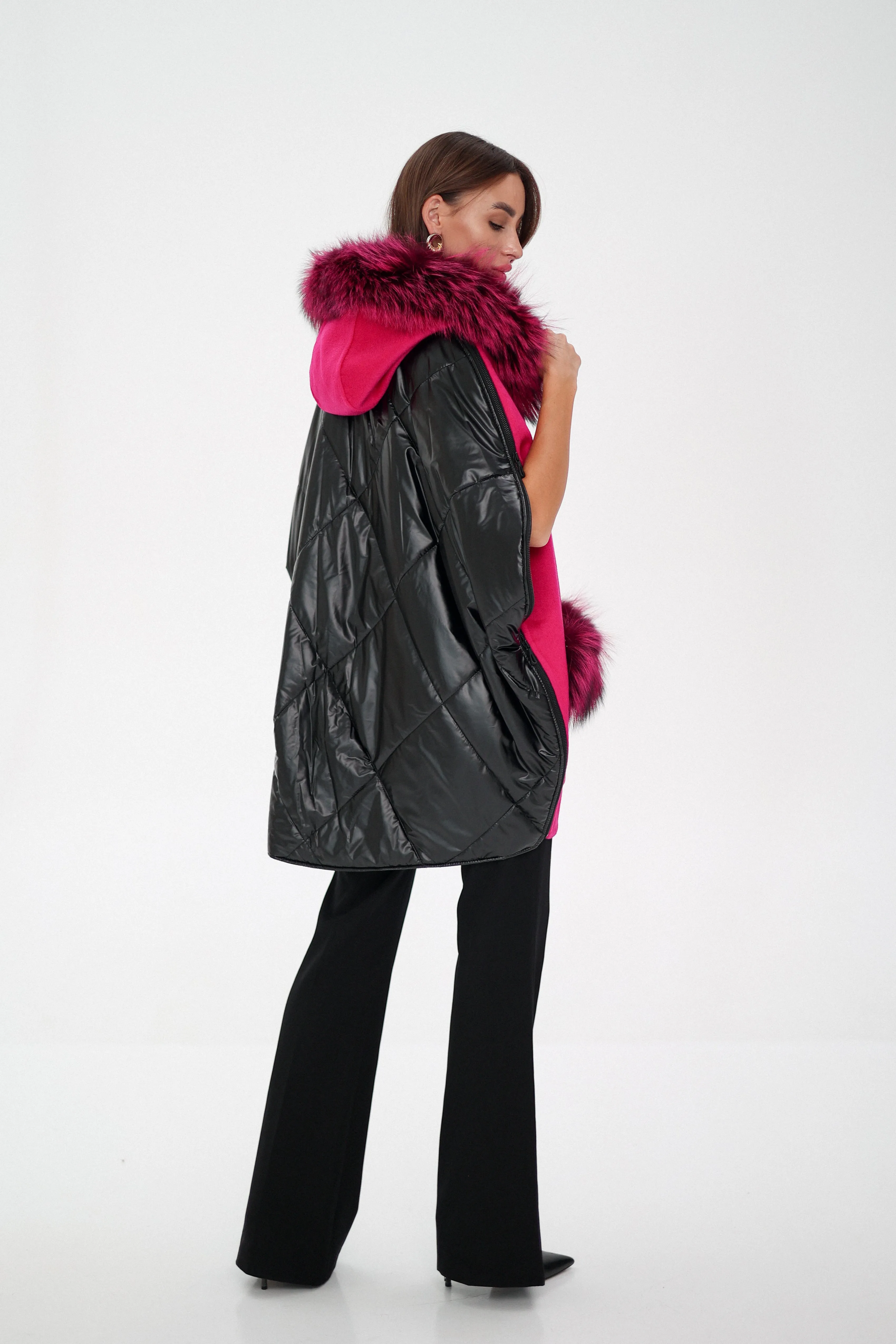 Saga®Furs Silver Fox Wool Alpaca Poncho in Fuchsia