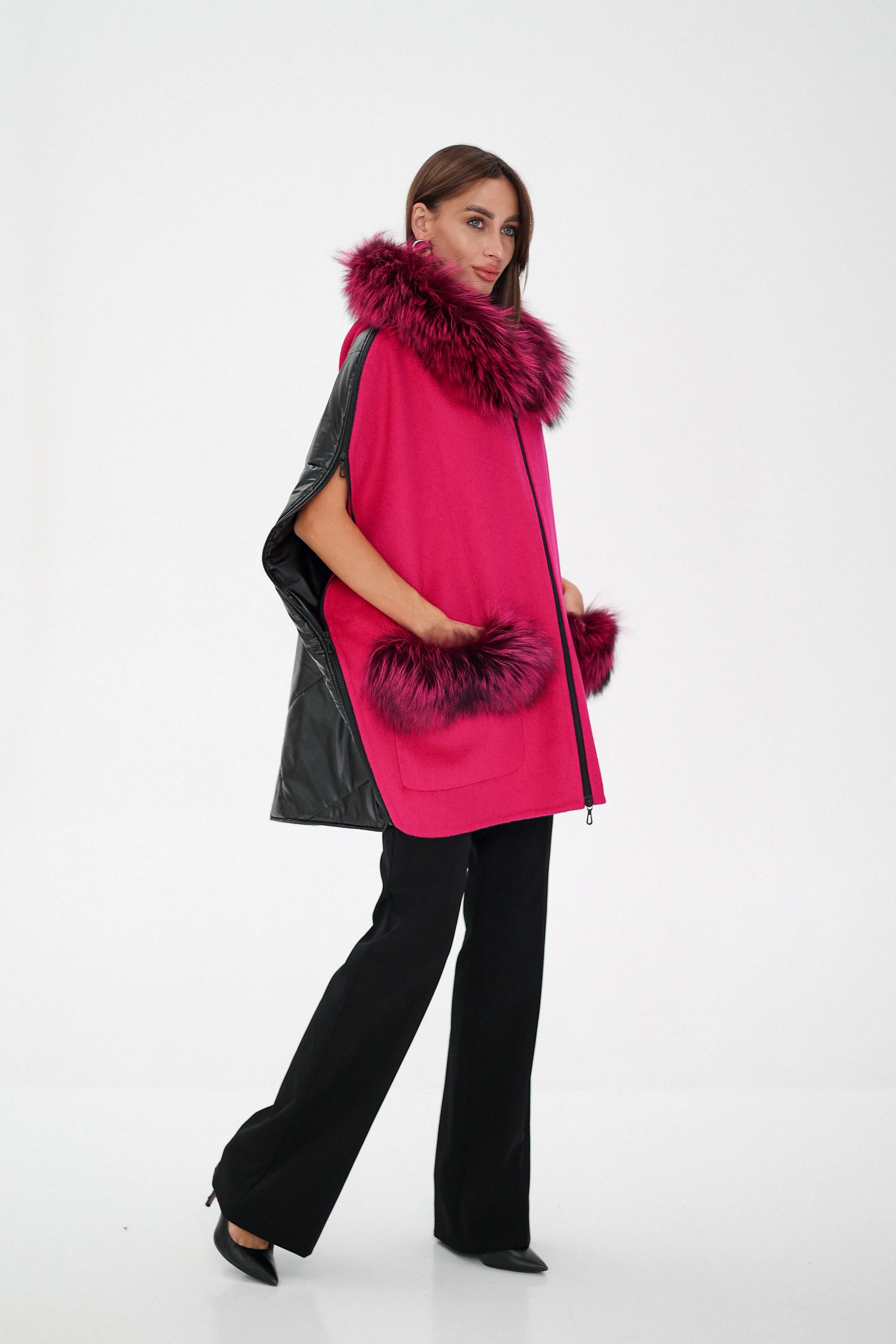 Saga®Furs Silver Fox Wool Alpaca Poncho in Fuchsia