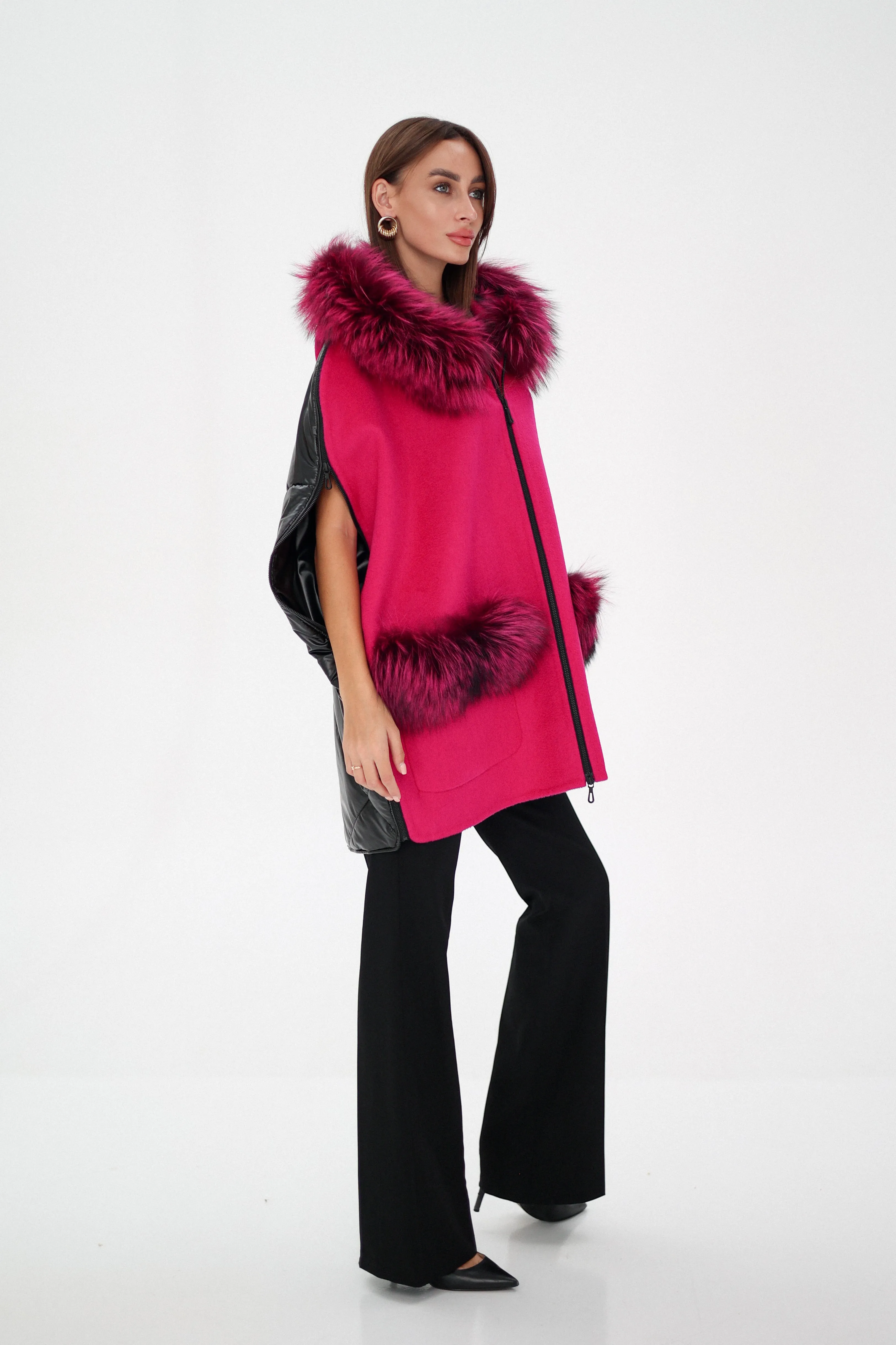 Saga®Furs Silver Fox Wool Alpaca Poncho in Fuchsia