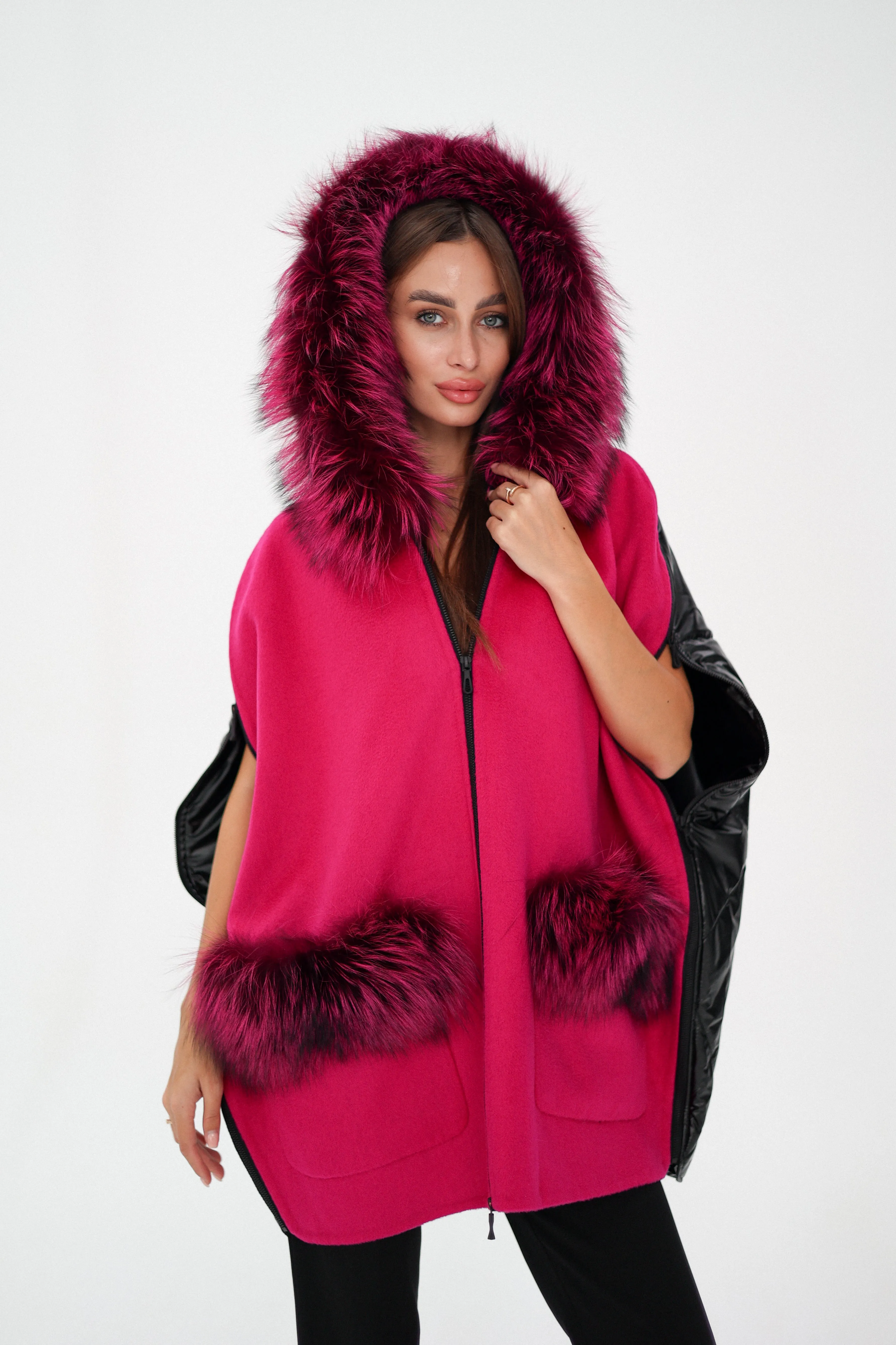 Saga®Furs Silver Fox Wool Alpaca Poncho in Fuchsia