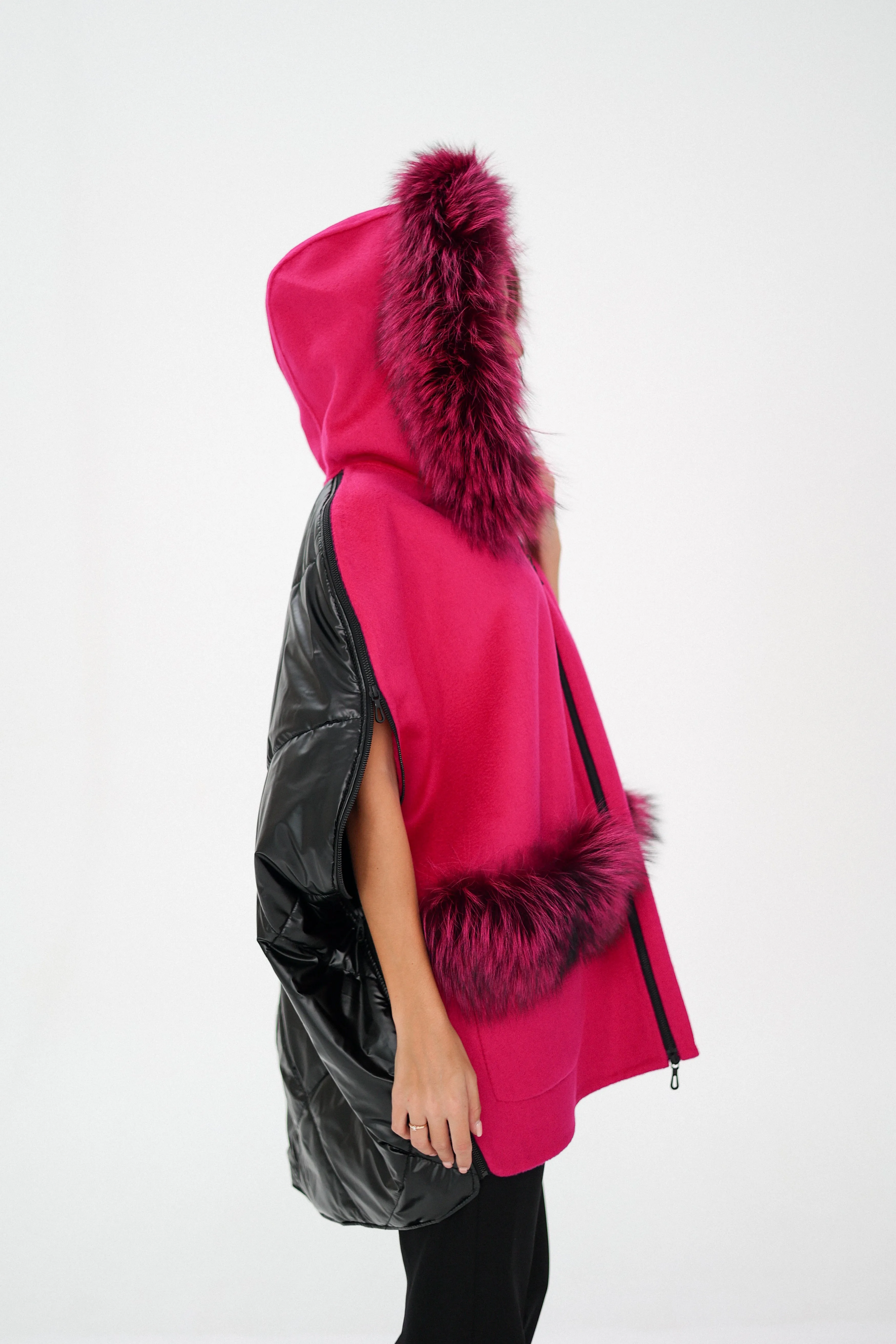 Saga®Furs Silver Fox Wool Alpaca Poncho in Fuchsia