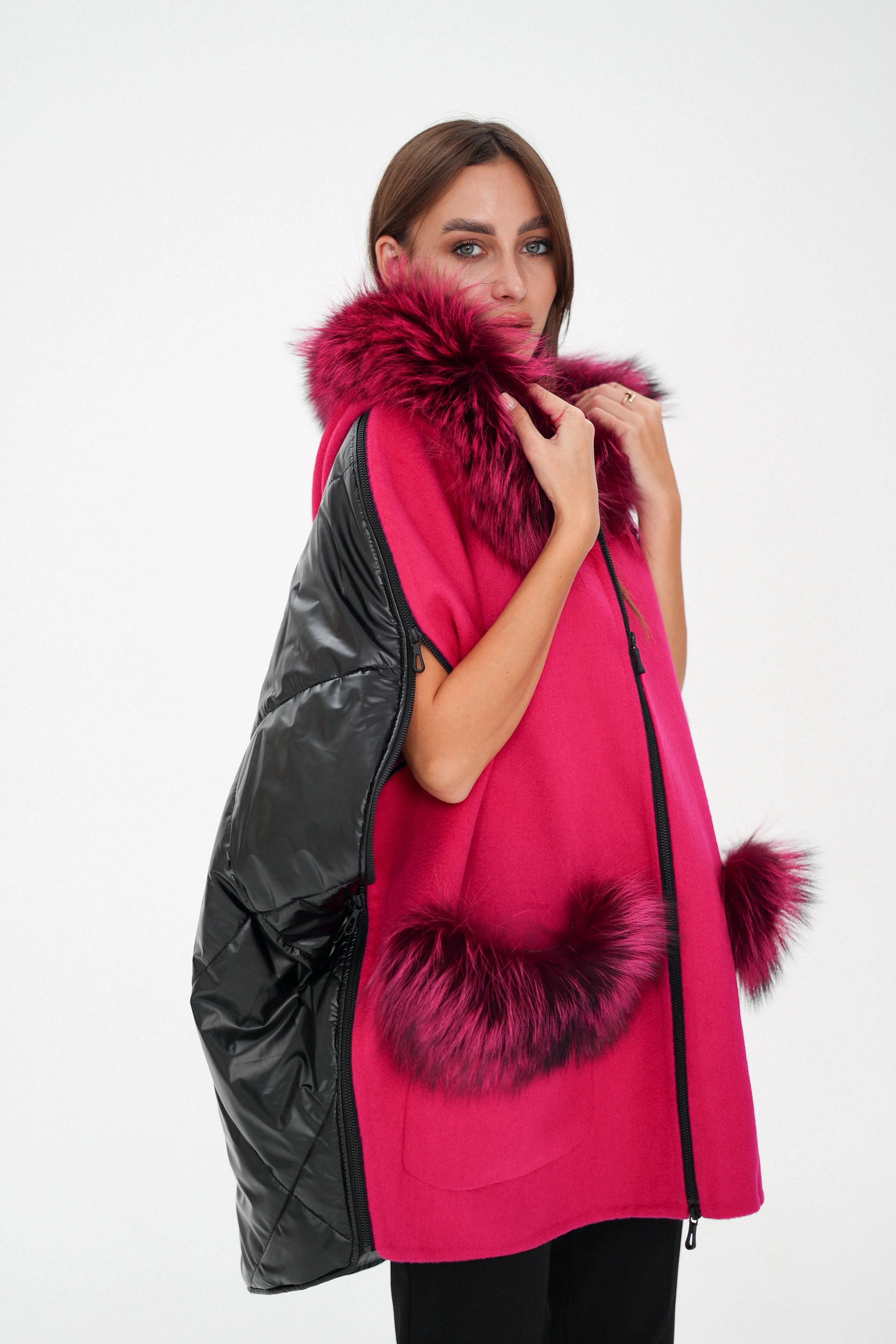 Saga®Furs Silver Fox Wool Alpaca Poncho in Fuchsia