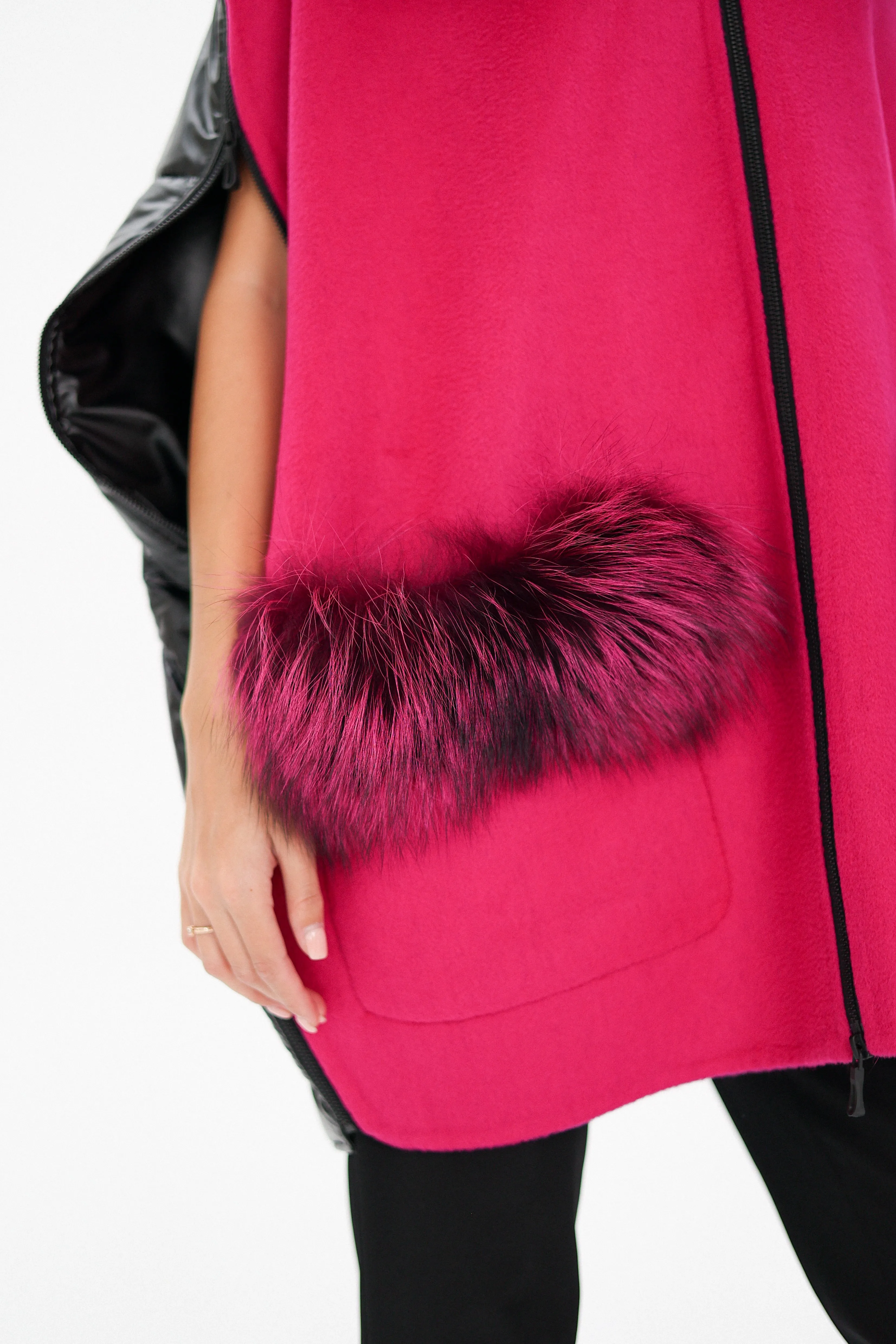 Saga®Furs Silver Fox Wool Alpaca Poncho in Fuchsia