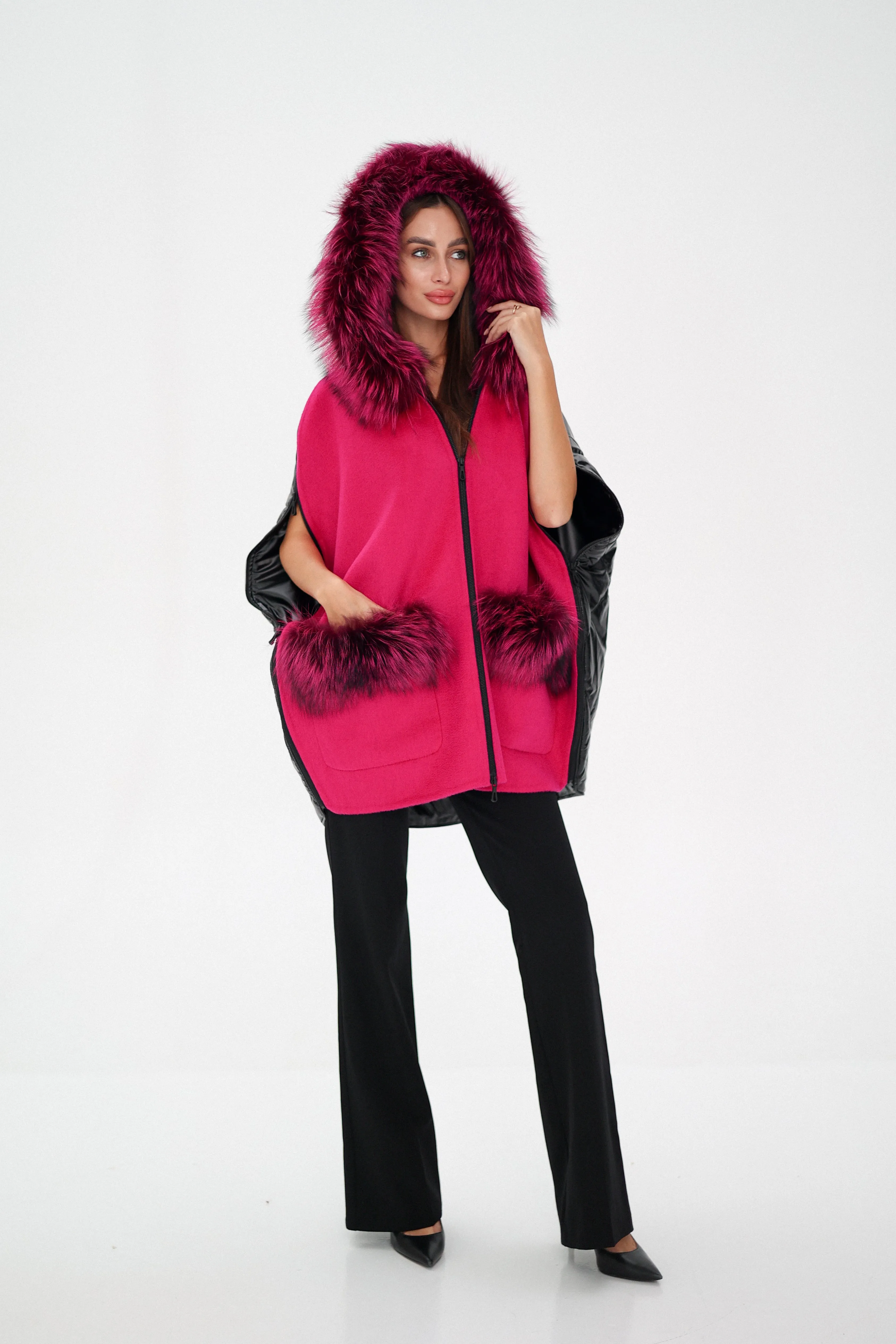 Saga®Furs Silver Fox Wool Alpaca Poncho in Fuchsia