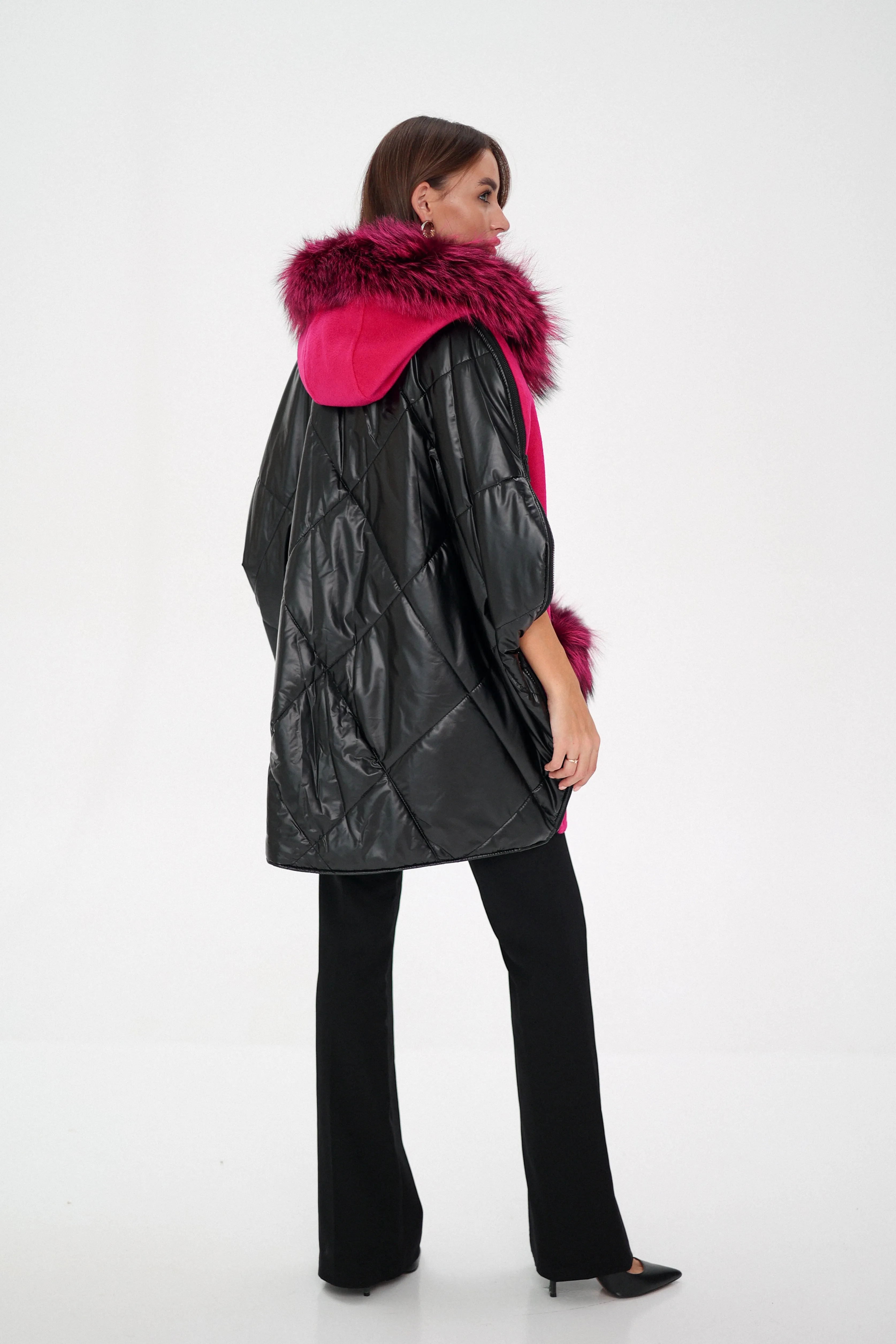 Saga®Furs Silver Fox Wool Alpaca Poncho in Fuchsia