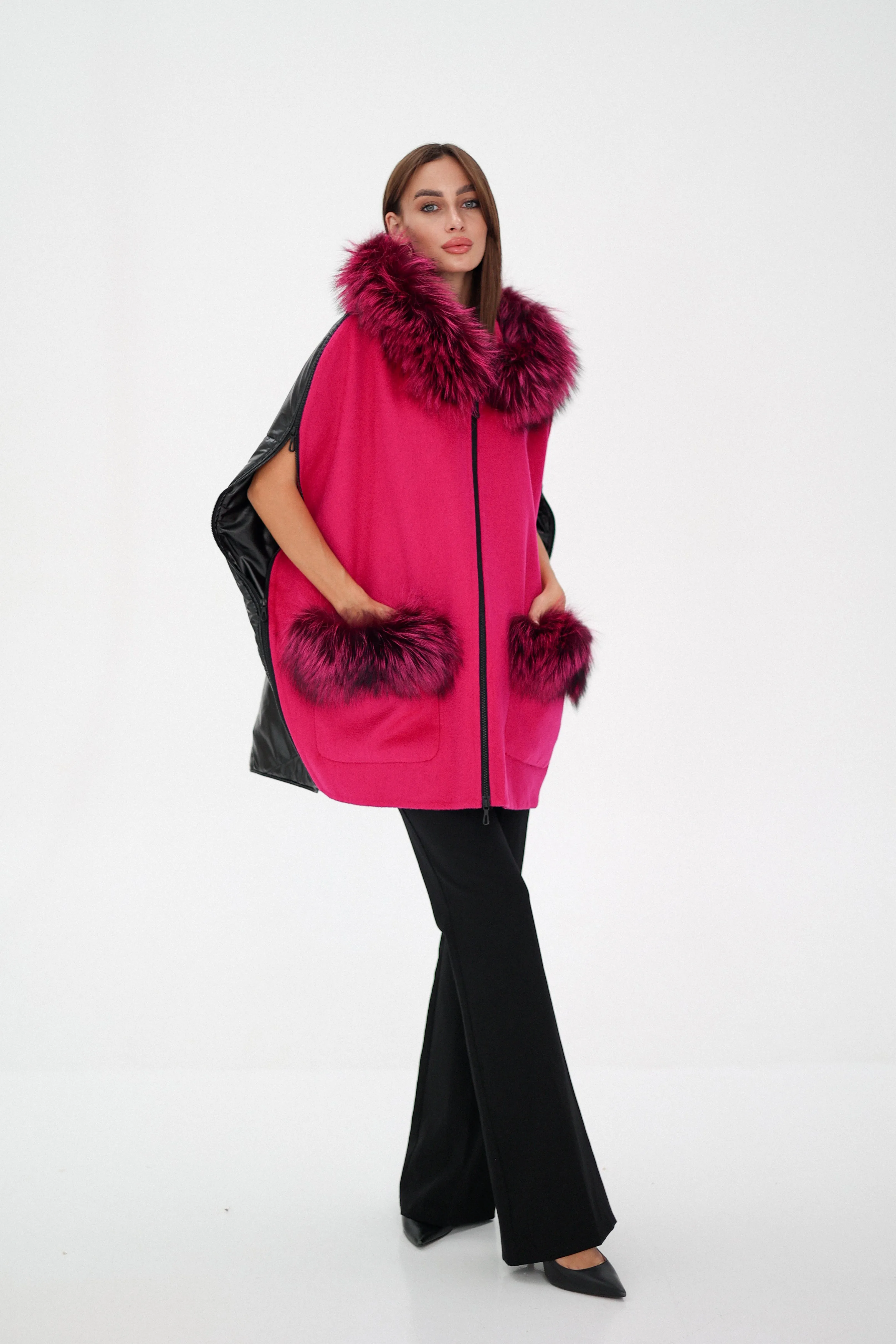 Saga®Furs Silver Fox Wool Alpaca Poncho in Fuchsia