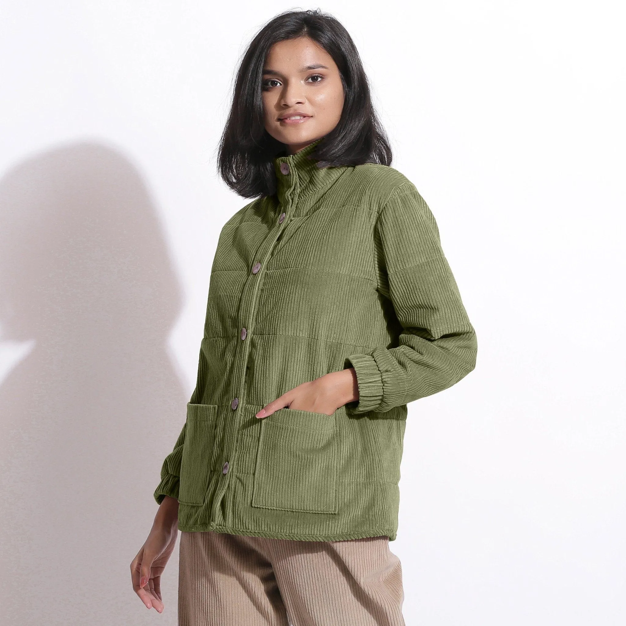 Sage Green Warm Cotton Corduroy Quilted Puffer Jacket