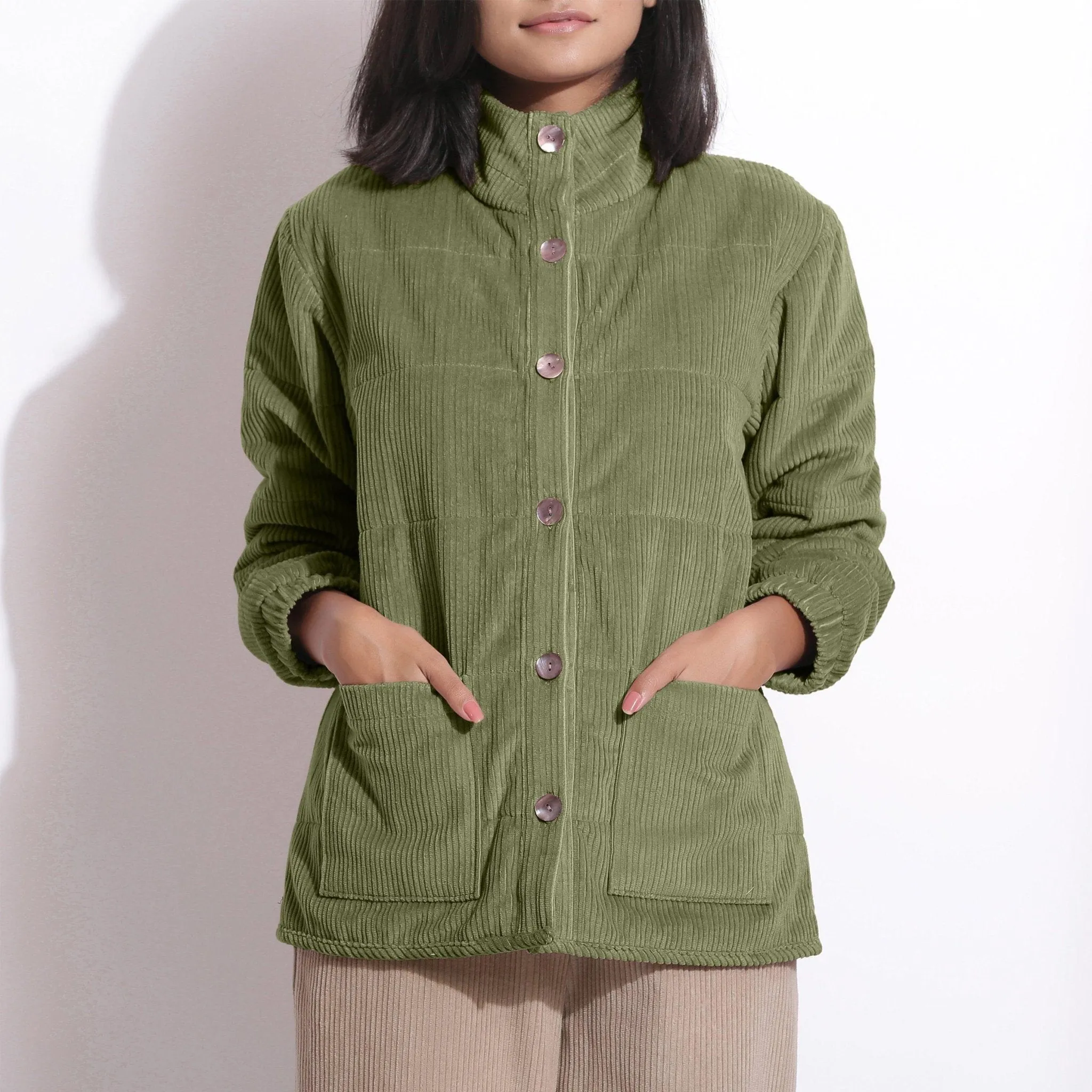 Sage Green Warm Cotton Corduroy Quilted Puffer Jacket