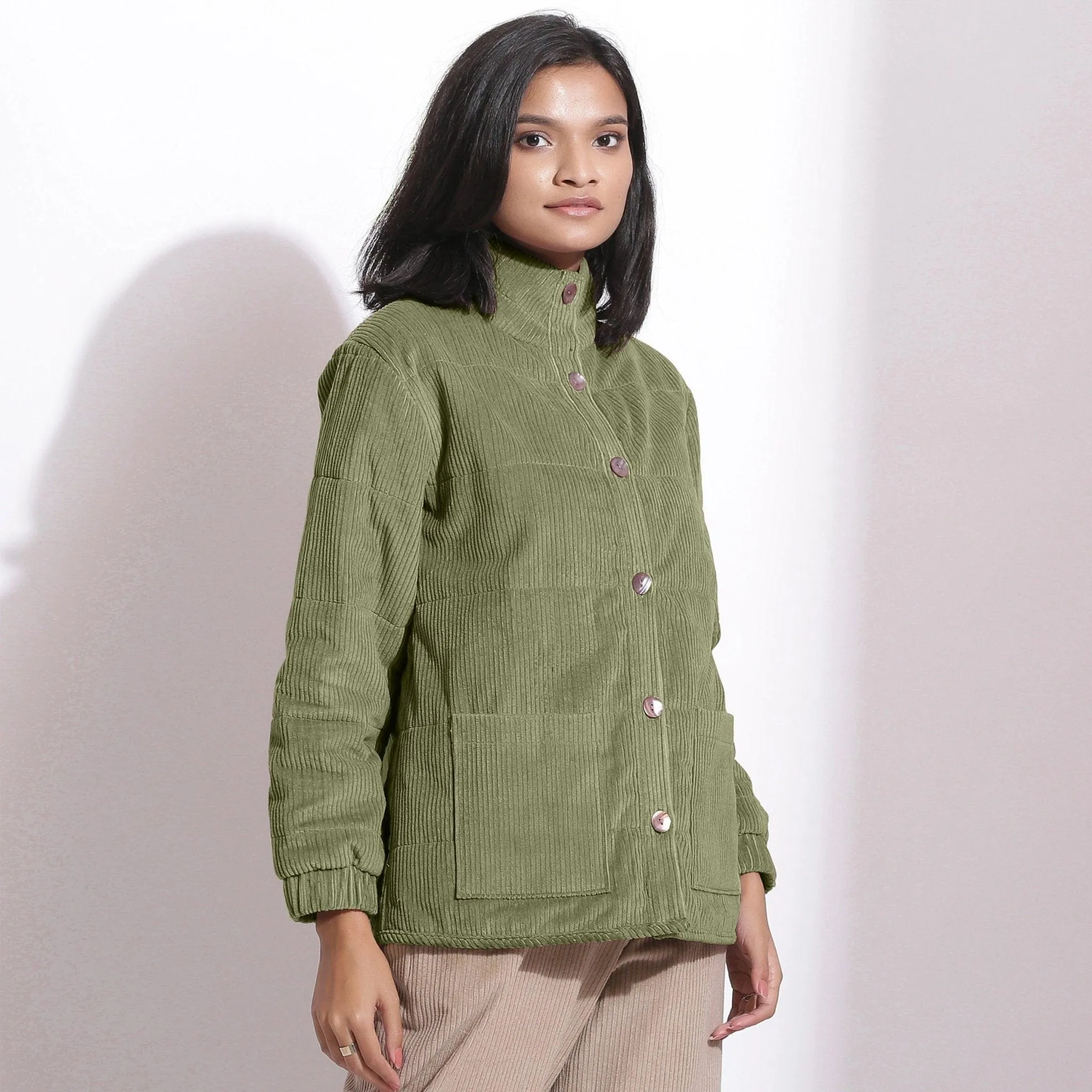 Sage Green Warm Cotton Corduroy Quilted Puffer Jacket