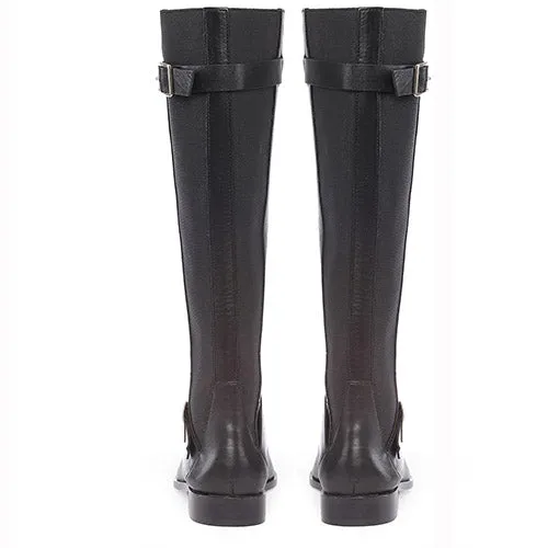 Saint Delores Black Crust Leather Buckle Decor Knee High Boots