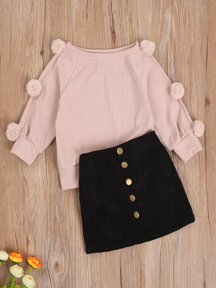 School Spirit Pom-Pom Sweater And Skirt Set