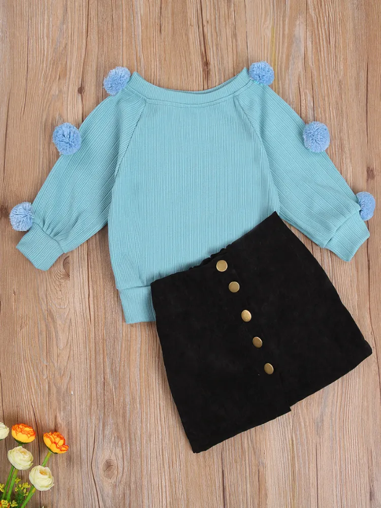 School Spirit Pom-Pom Sweater And Skirt Set