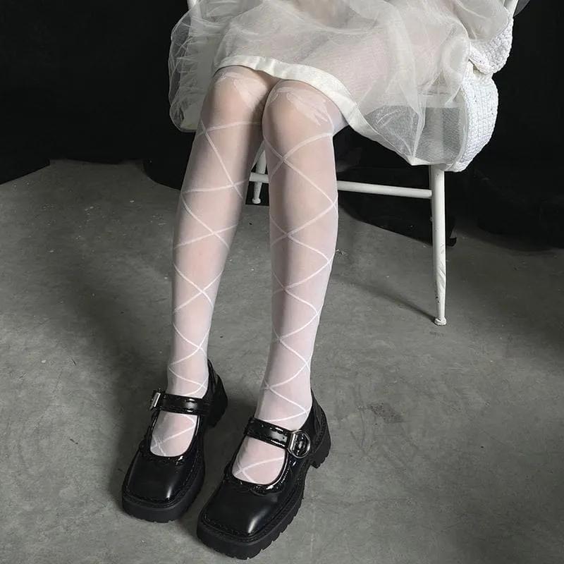 Sheer mesh bowknot pattern cross line tights