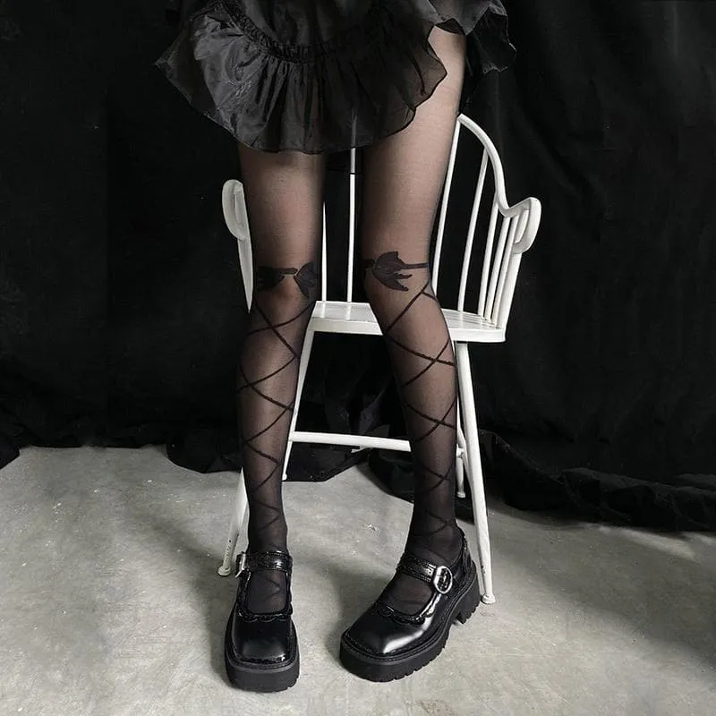 Sheer mesh bowknot pattern cross line tights