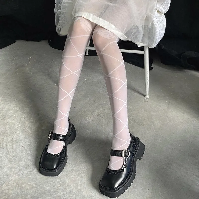 Sheer mesh bowknot pattern cross line tights