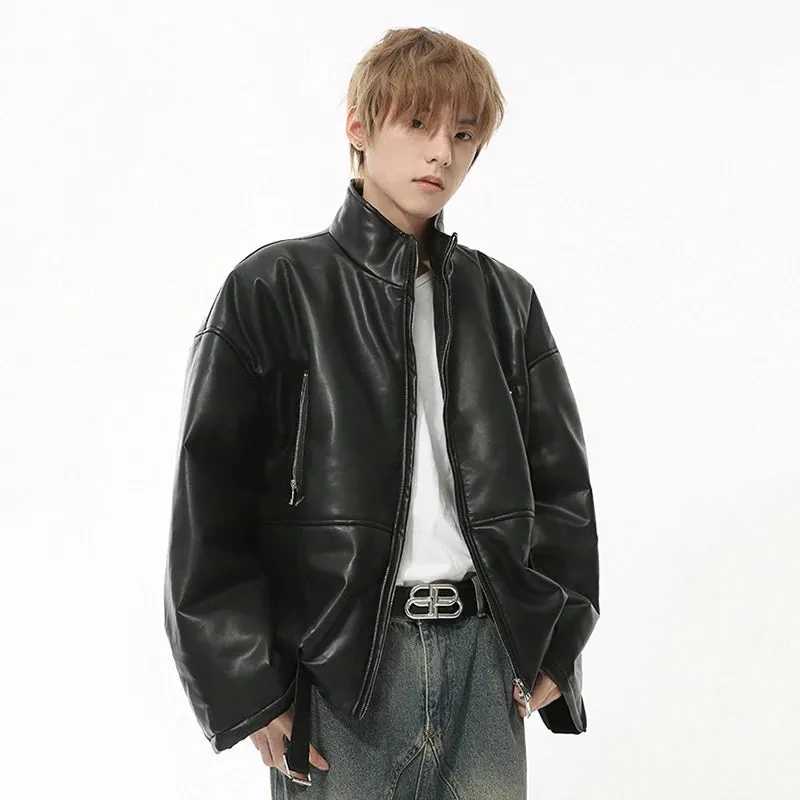 Solid Padded PU Leather Belt Jacket