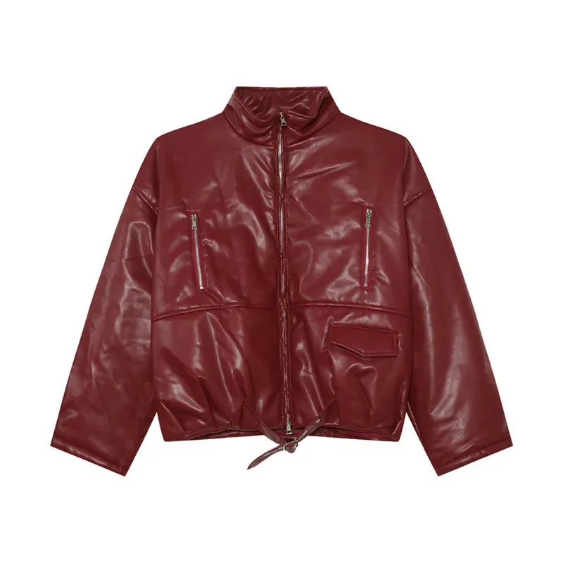 Solid Padded PU Leather Belt Jacket