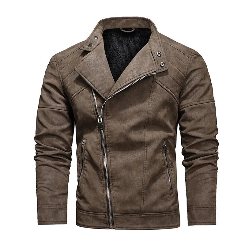 Solid Side Zipper Leather Jacket