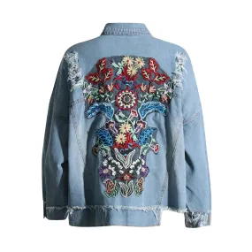 Spliced Pocket Embroidery Denim Jacket For Women Lapel Long Sleeve Patchwork Button Casual Loose Jackets Female New