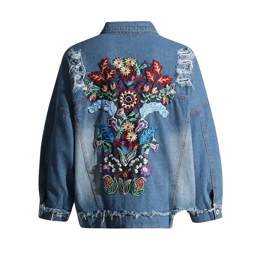 Spliced Pocket Embroidery Denim Jacket For Women Lapel Long Sleeve Patchwork Button Casual Loose Jackets Female New