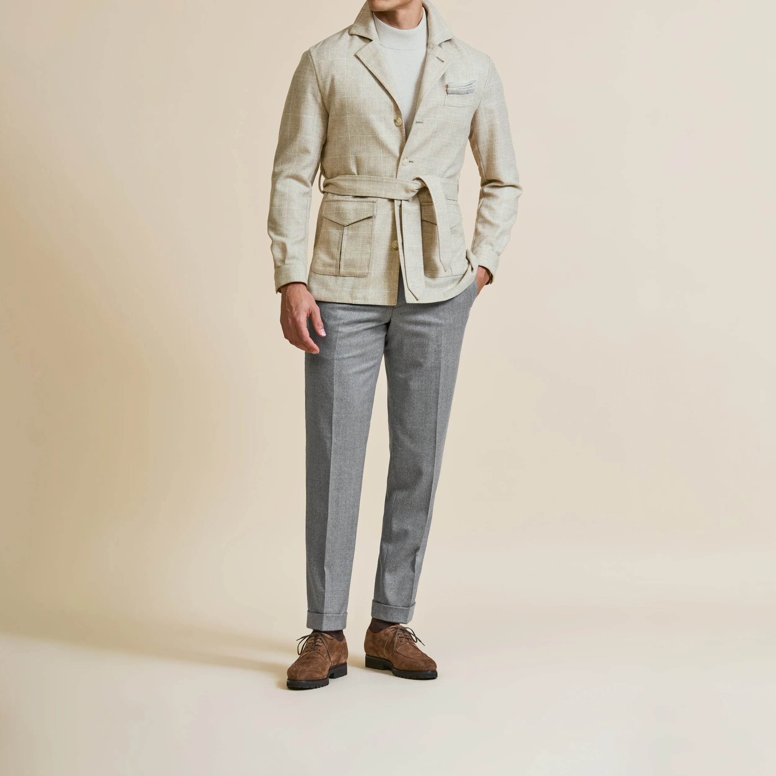 Sport Coat - Sand Wool-Cashmere Basketweave with Tonal Windowpane 9053