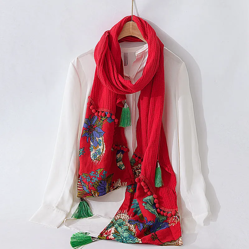 Spring and Autumn Cotton and Hemp Red Scarf Retro Winter Versatile Art Shawl