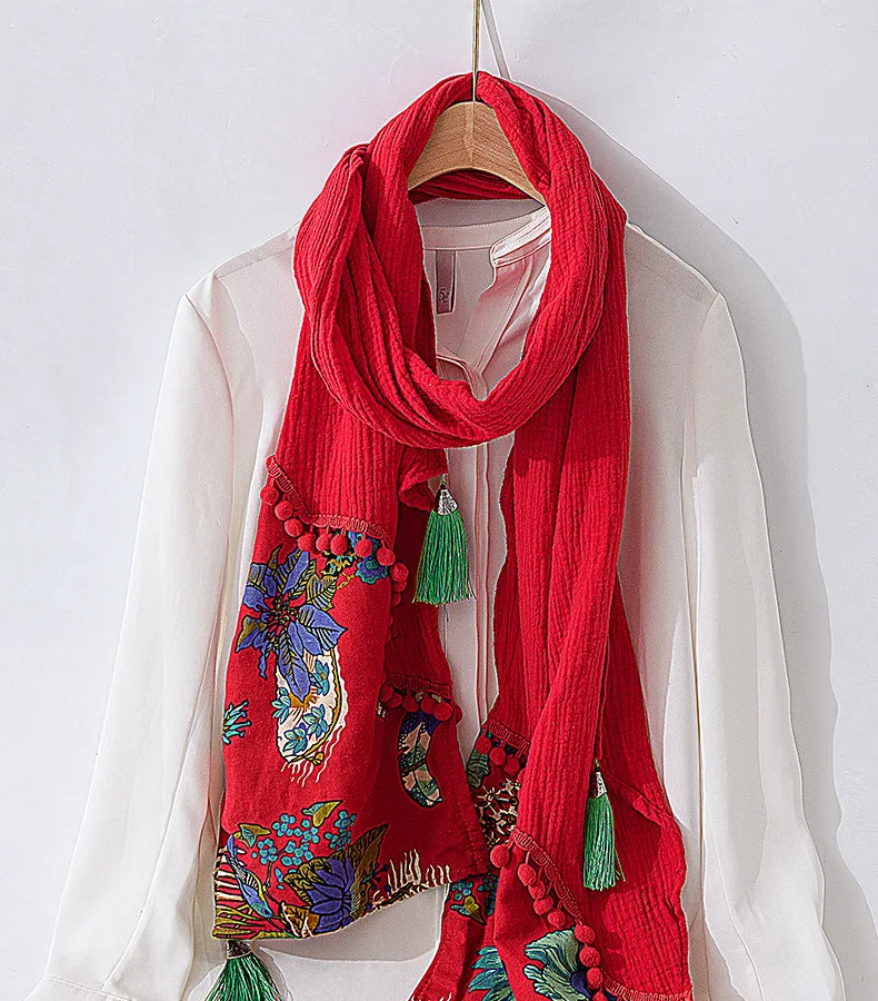 Spring and Autumn Cotton and Hemp Red Scarf Retro Winter Versatile Art Shawl