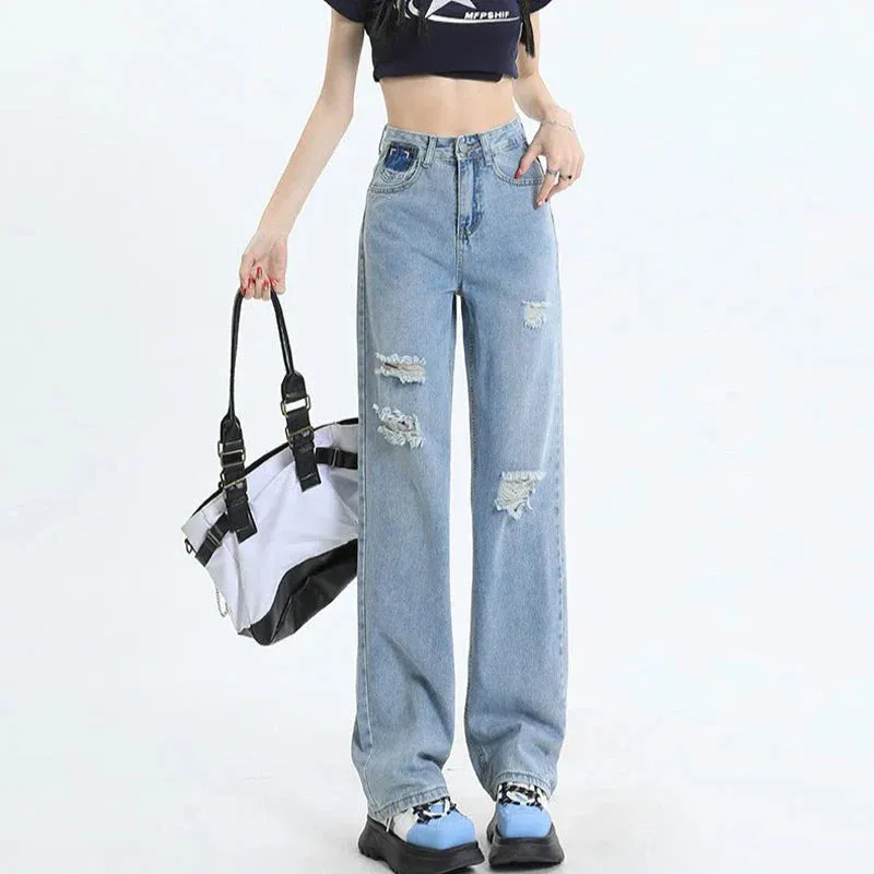 Straight Pants Women's Spring High-Waisted Pear-Shaped Figure Loose Drag Jeans