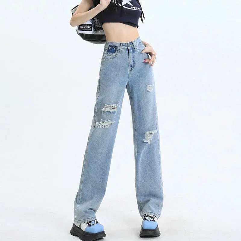 Straight Pants Women's Spring High-Waisted Pear-Shaped Figure Loose Drag Jeans