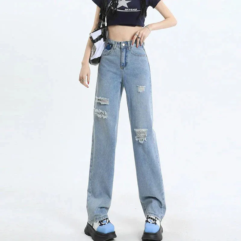 Straight Pants Women's Spring High-Waisted Pear-Shaped Figure Loose Drag Jeans