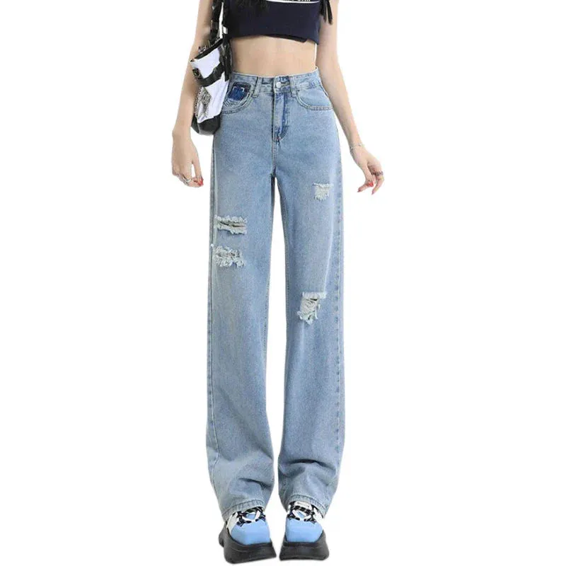 Straight Pants Women's Spring High-Waisted Pear-Shaped Figure Loose Drag Jeans