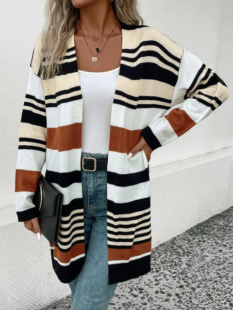 Striped Open Front Drop Shoulder Cardigan