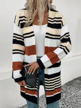 Striped Open Front Drop Shoulder Cardigan