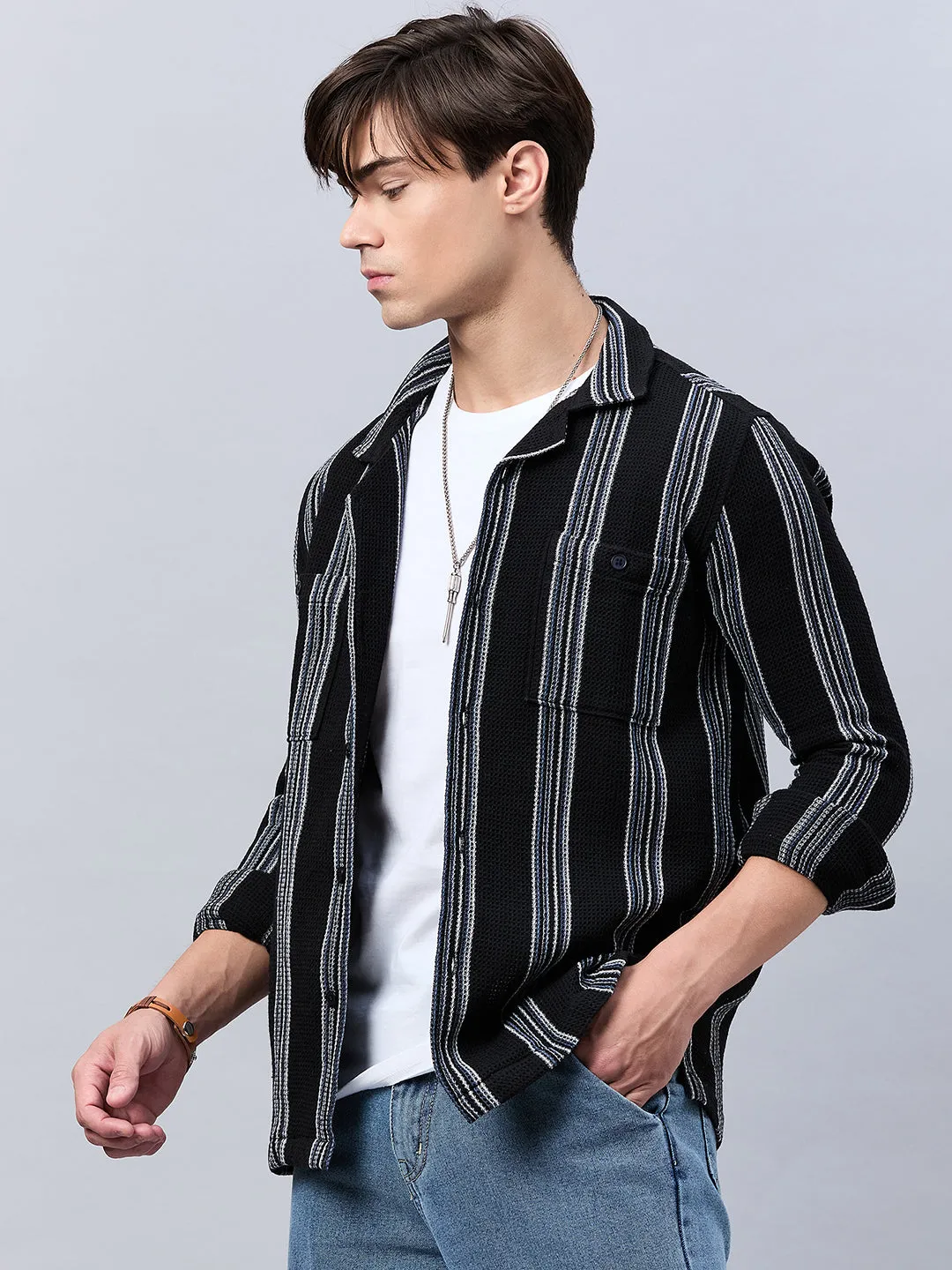 Style Quotient Mens Black Stripe solid Shirt