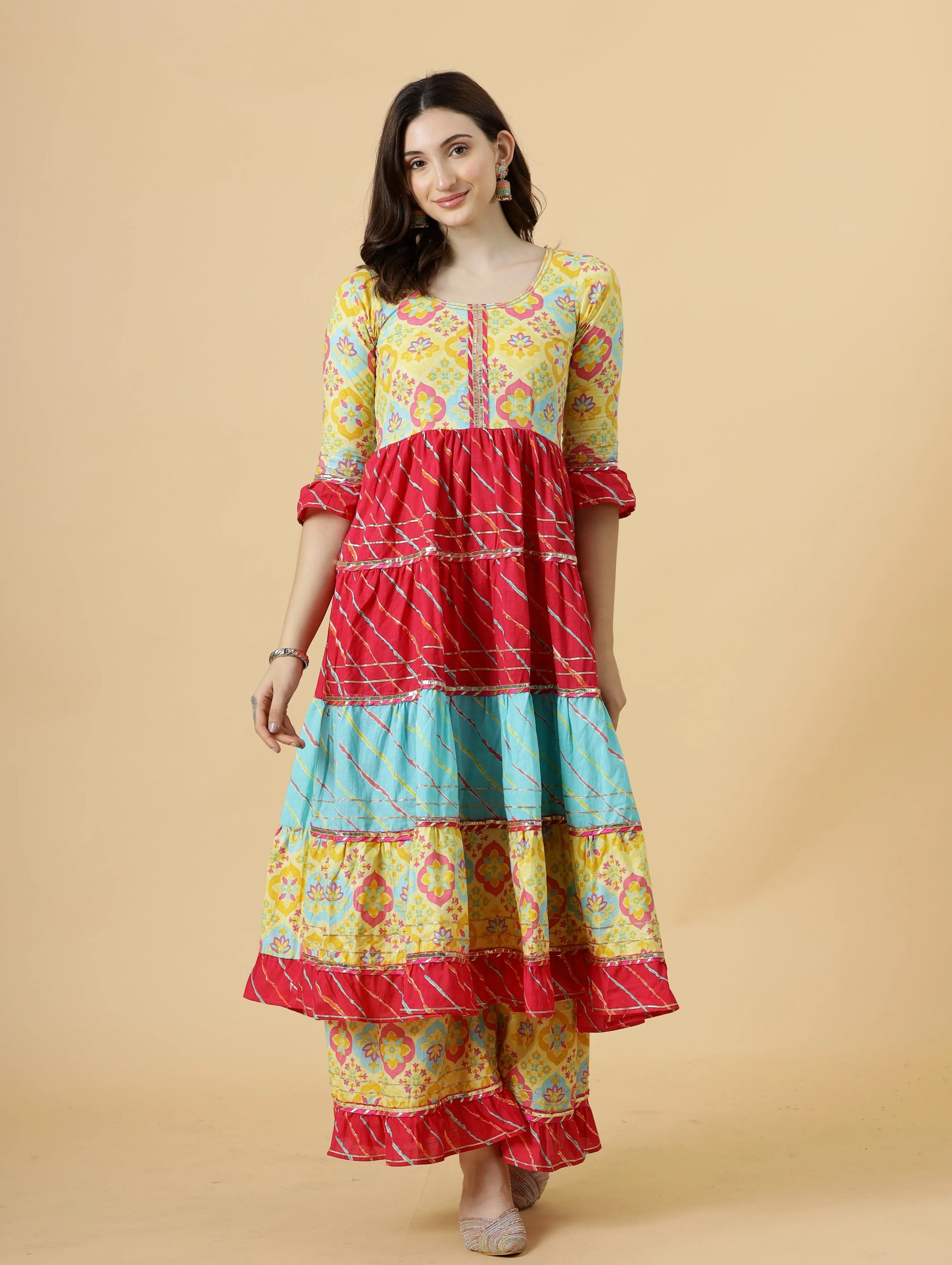 Stylish Multicolor Sanganeri Frock Kurti-Palazzo Set