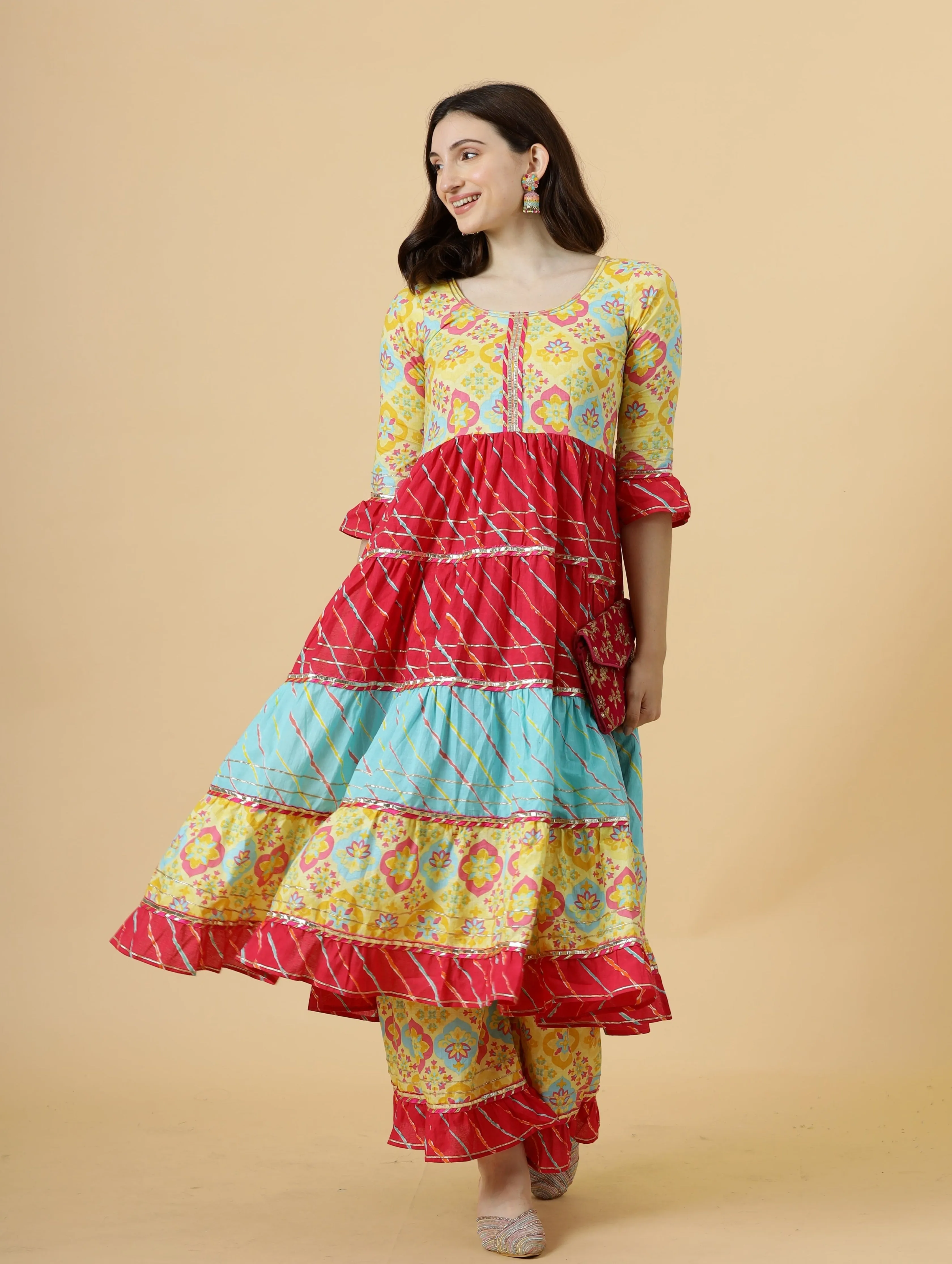 Stylish Multicolor Sanganeri Frock Kurti-Palazzo Set