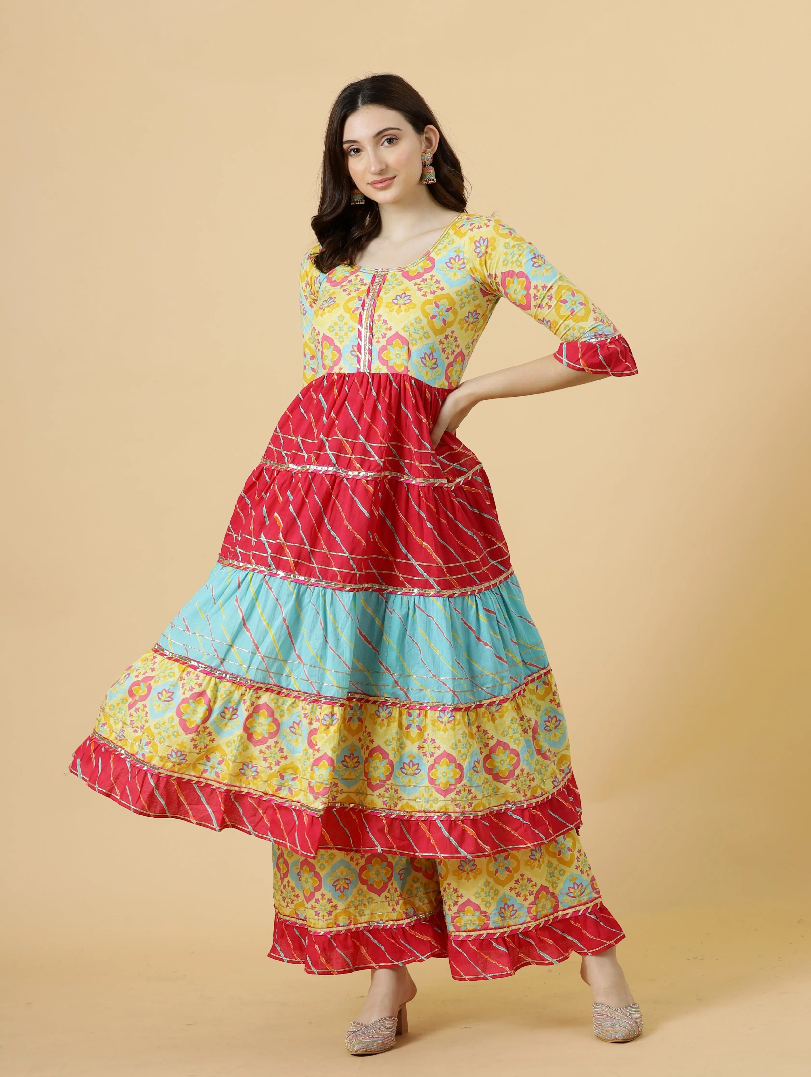 Stylish Multicolor Sanganeri Frock Kurti-Palazzo Set